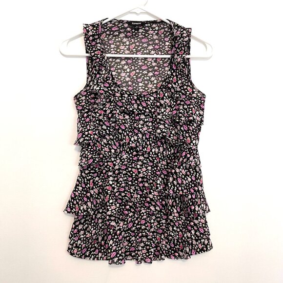 Express Tops - EXPRESS Black Purple Floral Mesh Tiered Ruffle Sleeveless Y2K Tank Blouse Top S